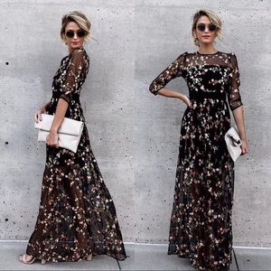Black Embroidered Floral Maxi Dress